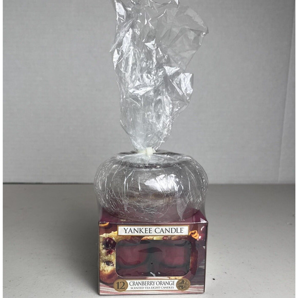 Yankee Candle Cranberry Orange Scent 12 Tea Lights Crackle Glass Jar Retired NEW - Picture 2 of 11